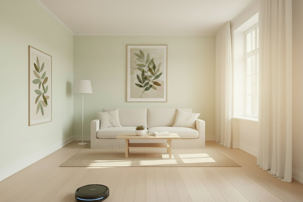 with light elegant wall art and wall color is a light sage color
